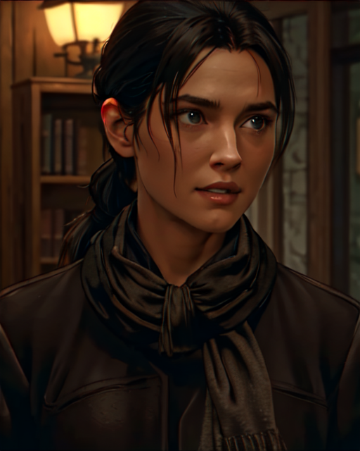 18313-3594223514-masterpiece, best quality, 8k,  , naomihunter, 1girl, black_hair, ponytail, black_coat, black_scarf, looking_at_viewer, indoors,.png